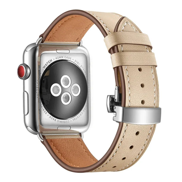 สายรัดนาฬิกาหนังแท้พร้อมหัวเข็มขัดเงินแบบผีเสื้อเปลี่ยนได้ สำหรับ Apple Watch Series 6 & SE & 5 & 4 ขนาด 40 มม. / 3 & 2 & 1 ขนาด 38 มม., หัวเข็มขัดเงินสำหรับ Apple Watch Series 7 ขนาด 41 มม. / 6 & SE & 5 & 4 ขนาด 40 มม. / 3 & 2 & 1 ขนาด 38 มม.