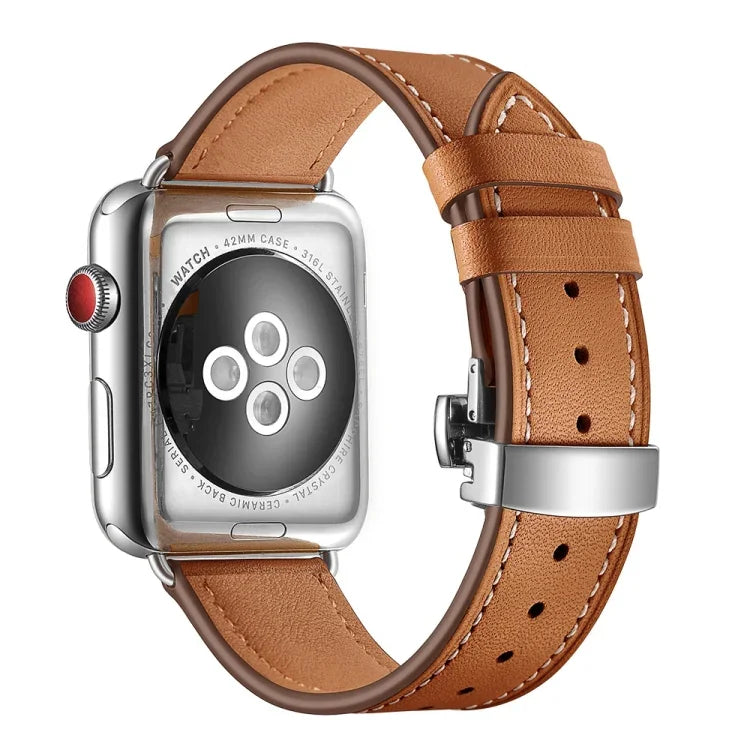 สายรัดนาฬิกาหนังแท้พร้อมหัวเข็มขัดเงินแบบผีเสื้อเปลี่ยนได้ สำหรับ Apple Watch Series 6 & SE & 5 & 4 ขนาด 40 มม. / 3 & 2 & 1 ขนาด 38 มม., หัวเข็มขัดเงินสำหรับ Apple Watch Series 7 ขนาด 41 มม. / 6 & SE & 5 & 4 ขนาด 40 มม. / 3 & 2 & 1 ขนาด 38 มม.