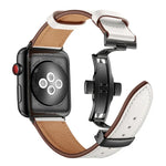 สายรัดนาฬิกาหนังแท้พร้อมหัวเข็มขัดดำแบบผีเสื้อเปลี่ยนได้ สำหรับ Apple Watch Series 6 & SE & 5 & 4 ขนาด 44 มม. / 3 & 2 & 1 ขนาด 42 มม., หัวเข็มขัดดำสำหรับ Apple Watch Series 7 ขนาด 45 มม. / 6 & SE & 5 & 4 ขนาด 44 มม. / 3 & 2 & 1 ขนาด 42 มม.