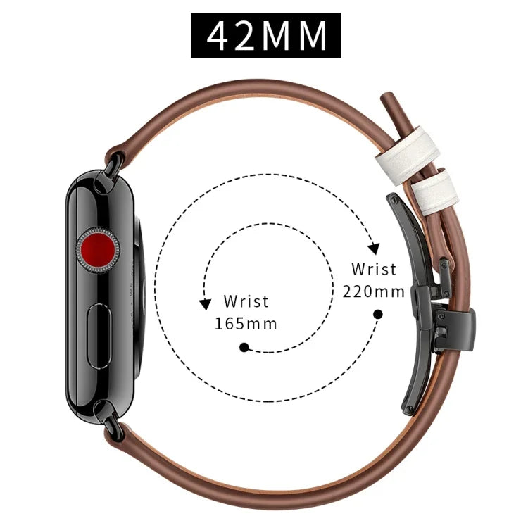 สายรัดนาฬิกาหนังแท้พร้อมหัวเข็มขัดดำแบบผีเสื้อเปลี่ยนได้ สำหรับ Apple Watch Series 6 & SE & 5 & 4 ขนาด 44 มม. / 3 & 2 & 1 ขนาด 42 มม., หัวเข็มขัดดำสำหรับ Apple Watch Series 7 ขนาด 45 มม. / 6 & SE & 5 & 4 ขนาด 44 มม. / 3 & 2 & 1 ขนาด 42 มม.