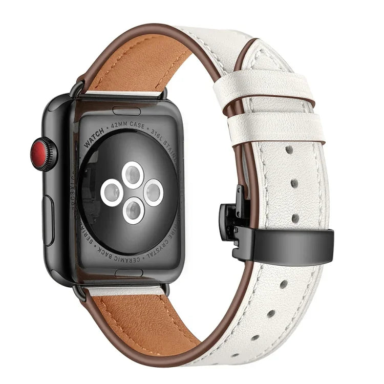 สายรัดนาฬิกาหนังแท้ + หัวเข็มขัดผีเสื้อสีดำ สำหรับ Apple Watch Series 6 & SE & 5 & 4 ขนาด 40 มม. / 3 & 2 & 1 ขนาด 38 มม., หัวเข็มขัดสีดำสำหรับ Apple Watch Series 8&7 ขนาด 41 มม. / SE 2&6&SE&5&4 ขนาด 40 มม. / 3&2&1 ขนาด 38 มม.