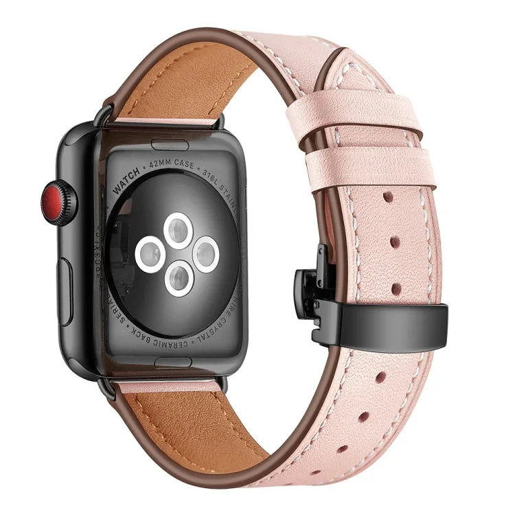 สายรัดนาฬิกาหนังแท้ + หัวเข็มขัดผีเสื้อสีดำ สำหรับ Apple Watch Series 6 & SE & 5 & 4 ขนาด 40 มม. / 3 & 2 & 1 ขนาด 38 มม., หัวเข็มขัดสีดำสำหรับ Apple Watch Series 8&7 ขนาด 41 มม. / SE 2&6&SE&5&4 ขนาด 40 มม. / 3&2&1 ขนาด 38 มม.