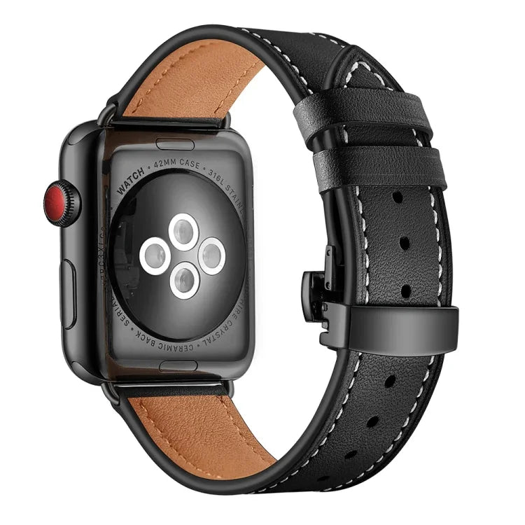 สายรัดนาฬิกาหนังแท้ + หัวเข็มขัดผีเสื้อสีดำ สำหรับ Apple Watch Series 6 & SE & 5 & 4 ขนาด 40 มม. / 3 & 2 & 1 ขนาด 38 มม., หัวเข็มขัดสีดำสำหรับ Apple Watch Series 8&7 ขนาด 41 มม. / SE 2&6&SE&5&4 ขนาด 40 มม. / 3&2&1 ขนาด 38 มม.