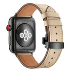 สายรัดนาฬิกาหนังแท้ + หัวเข็มขัดผีเสื้อสีดำ สำหรับ Apple Watch Series 6 & SE & 5 & 4 ขนาด 40 มม. / 3 & 2 & 1 ขนาด 38 มม., หัวเข็มขัดสีดำสำหรับ Apple Watch Series 8&7 ขนาด 41 มม. / SE 2&6&SE&5&4 ขนาด 40 มม. / 3&2&1 ขนาด 38 มม.