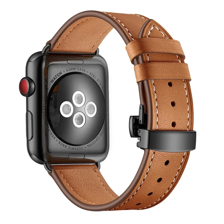 สายรัดนาฬิกาหนังแท้ + หัวเข็มขัดผีเสื้อสีดำ สำหรับ Apple Watch Series 6 & SE & 5 & 4 ขนาด 40 มม. / 3 & 2 & 1 ขนาด 38 มม., หัวเข็มขัดสีดำสำหรับ Apple Watch Series 8&7 ขนาด 41 มม. / SE 2&6&SE&5&4 ขนาด 40 มม. / 3&2&1 ขนาด 38 มม.
