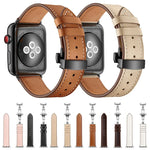 สายรัดนาฬิกาหนังแท้ + หัวเข็มขัดผีเสื้อสีดำ สำหรับ Apple Watch Series 6 & SE & 5 & 4 ขนาด 40 มม. / 3 & 2 & 1 ขนาด 38 มม., หัวเข็มขัดสีดำสำหรับ Apple Watch Series 8&7 ขนาด 41 มม. / SE 2&6&SE&5&4 ขนาด 40 มม. / 3&2&1 ขนาด 38 มม.
