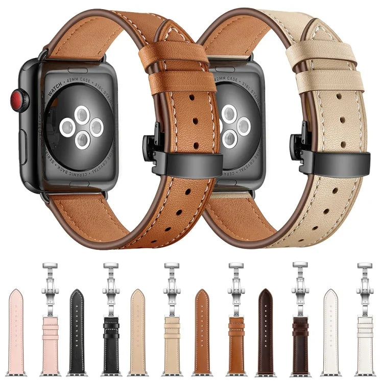 สายรัดนาฬิกาหนังแท้ + หัวเข็มขัดผีเสื้อสีดำ สำหรับ Apple Watch Series 6 & SE & 5 & 4 ขนาด 40 มม. / 3 & 2 & 1 ขนาด 38 มม., หัวเข็มขัดสีดำสำหรับ Apple Watch Series 8&7 ขนาด 41 มม. / SE 2&6&SE&5&4 ขนาด 40 มม. / 3&2&1 ขนาด 38 มม.