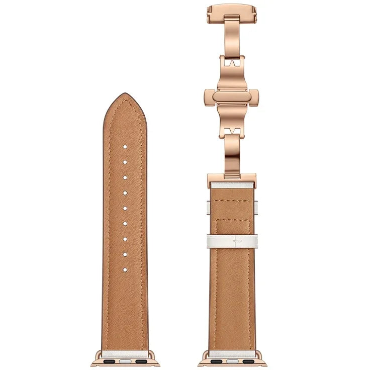 สายรัดนาฬิกาหนังแท้ + หัวเข็มขัดผีเสื้อสีโรสโกลด์ สำหรับ Apple Watch Series 6 & SE & 5 & 4 ขนาด 40 มม. / 3 & 2 & 1 ขนาด 38 มม., หัวเข็มขัดสีโรสโกลด์สำหรับ Apple Watch Series 7 ขนาด 41 มม. / 6 & SE & 5 & 4 ขนาด 40 มม. / 3 & 2 & 1 ขนาด 38 มม.