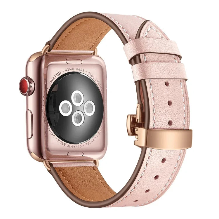 สายรัดนาฬิกาหนังแท้ + หัวเข็มขัดผีเสื้อสีโรสโกลด์ สำหรับ Apple Watch Series 6 & SE & 5 & 4 ขนาด 40 มม. / 3 & 2 & 1 ขนาด 38 มม., หัวเข็มขัดสีโรสโกลด์สำหรับ Apple Watch Series 7 ขนาด 41 มม. / 6 & SE & 5 & 4 ขนาด 40 มม. / 3 & 2 & 1 ขนาด 38 มม.