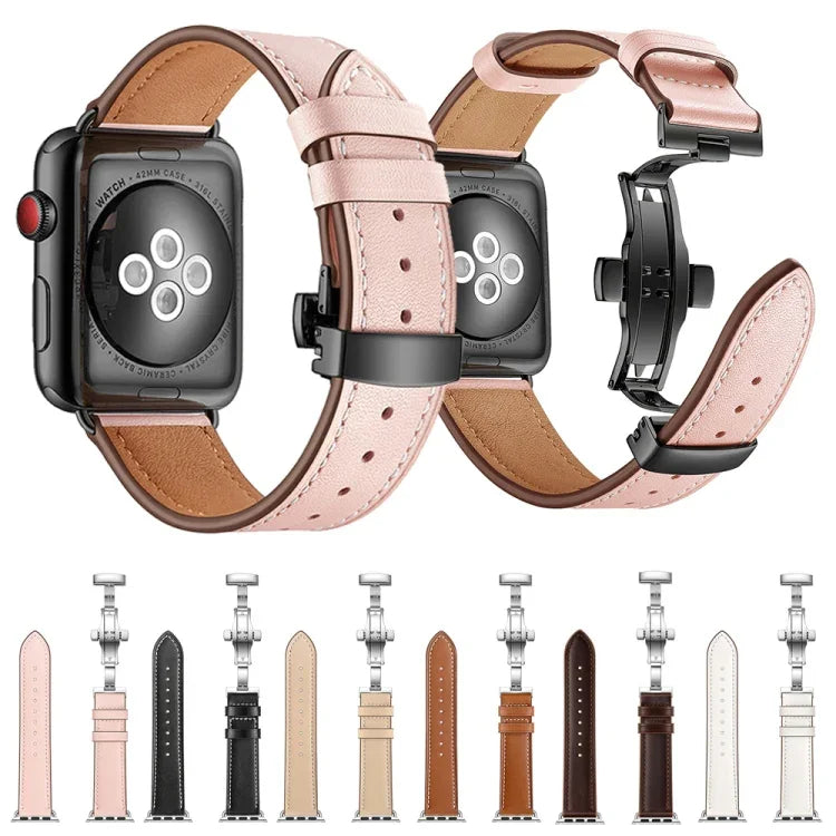 สายรัดนาฬิกาหนังแท้ + หัวเข็มขัดผีเสื้อสีโรสโกลด์ สำหรับ Apple Watch Series 6 & SE & 5 & 4 ขนาด 40 มม. / 3 & 2 & 1 ขนาด 38 มม., หัวเข็มขัดสีโรสโกลด์สำหรับ Apple Watch Series 7 ขนาด 41 มม. / 6 & SE & 5 & 4 ขนาด 40 มม. / 3 & 2 & 1 ขนาด 38 มม.