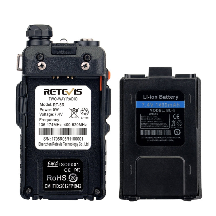RETEVIS RT-5R วิทยุสื่อสารมือถือ USB สองช่วงความถี่ 400-520MHz + 136-174MHz 128 ช่อง, USB, ปลั๊ก EU, ปลั๊ก UK