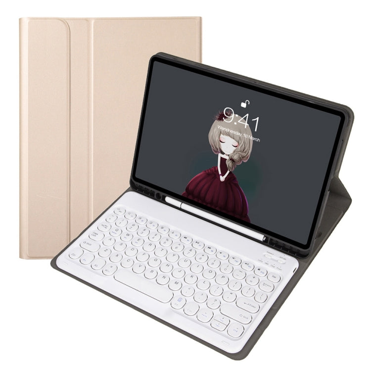 เคสหนังสำหรับคีย์บอร์ดบลูทูธปุ่มกลมลายหนังแกะถอดได้ พร้อมช่องใส่ปากกาและขาตั้ง สำหรับ iPad Air 5 / 4 ขนาด 10.9 นิ้ว 2020 / Pro 11 นิ้ว 2020 / 2018, สำหรับ iPad 10.2 (2020) & (2019) / Air 3 ขนาด 10.5 นิ้ว / Pro 10.5 นิ้ว
