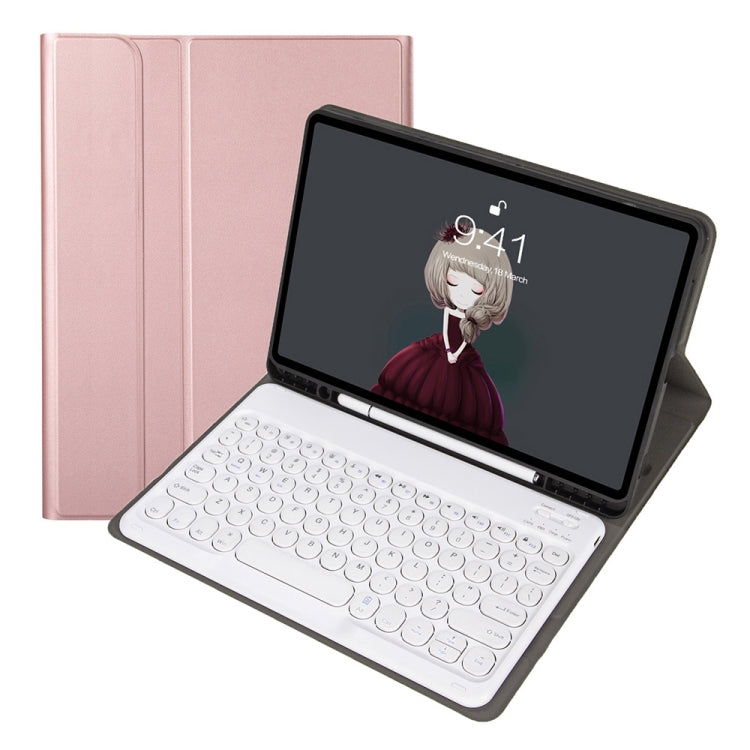 เคสหนังสำหรับคีย์บอร์ดบลูทูธปุ่มกลมลายหนังแกะถอดได้ พร้อมช่องใส่ปากกาและขาตั้ง สำหรับ iPad Air 5 / 4 ขนาด 10.9 นิ้ว 2020 / Pro 11 นิ้ว 2020 / 2018, สำหรับ iPad 10.2 (2020) & (2019) / Air 3 ขนาด 10.5 นิ้ว / Pro 10.5 นิ้ว