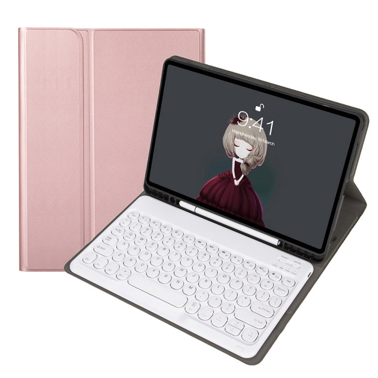 เคสหนังสำหรับคีย์บอร์ดบลูทูธปุ่มกลมลายหนังแกะถอดได้ พร้อมช่องใส่ปากกาและขาตั้ง สำหรับ iPad Air 5 / 4 ขนาด 10.9 นิ้ว 2020 / Pro 11 นิ้ว 2020 / 2018, สำหรับ iPad 10.2 (2020) & (2019) / Air 3 ขนาด 10.5 นิ้ว / Pro 10.5 นิ้ว