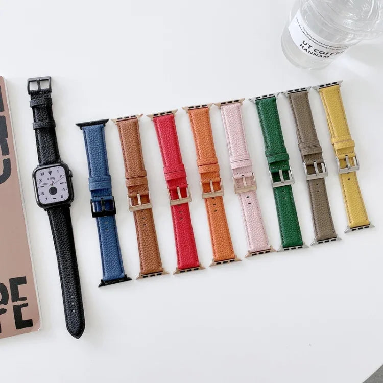 สายรัดนาฬิกาหนังลายลิ้นจี่เย็บด้าย สำหรับ Apple Watch Ultra 49 มม. / Series 8&7 45 มม. / SE 2&6&SE&5&4 44 มม. / 3&2&1 42 มม. / สำหรับ Series 7 41 มม. / 6 & SE & 5 & 4 40 มม. / 3 & 2 & 1 38 มม.