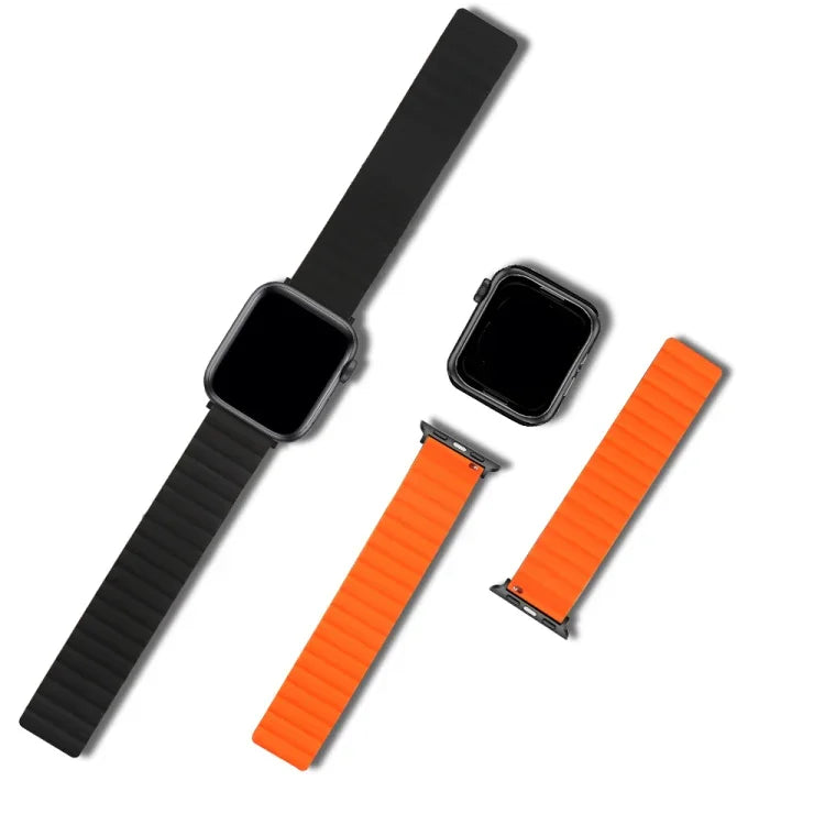 Silicone magnetic watchband for apple watch in black and orange colors, compatible with various Apple Watch models.