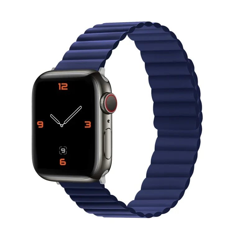 Silicone magnetic watchband for apple watch in navy blue, shown on a smartwatch, adjustable and comfortable design.