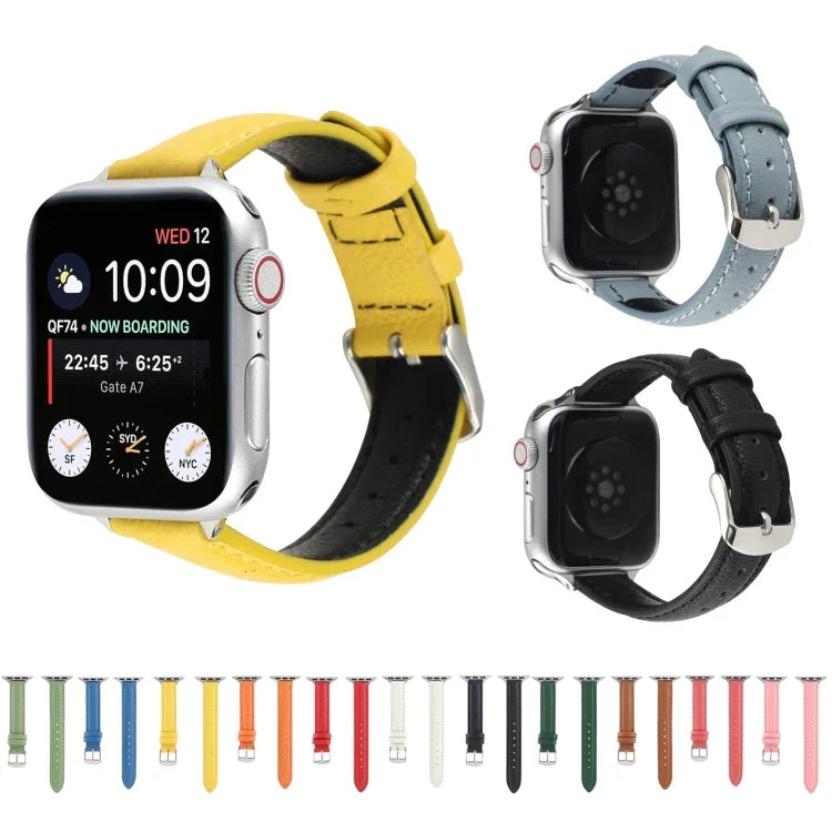 สายรัดนาฬิกาหนังแท้บาง 14 มม. สำหรับ Apple Watch Series, 7 45 มม. / 6 & SE & 5 & 4 44 มม. / 3 & 2 & 1 42 มม., 7 41 มม. / 6 & SE & 5 & 4 40 มม. / 3 & 2 & 1 38 มม.