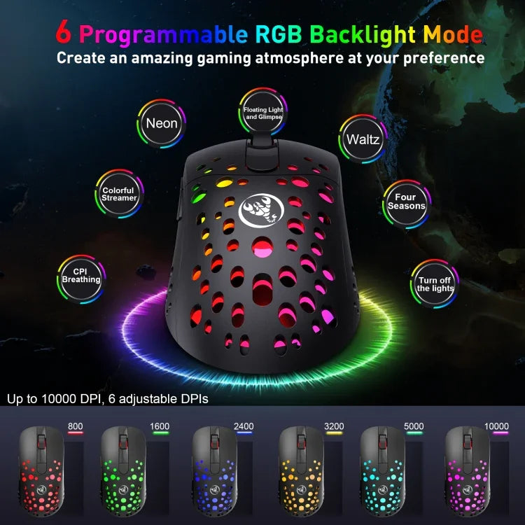 เมาส์สายและไร้สายโหมดคู่ HXSJ T100 10000 DPI RGB กำหนดมาโคร
