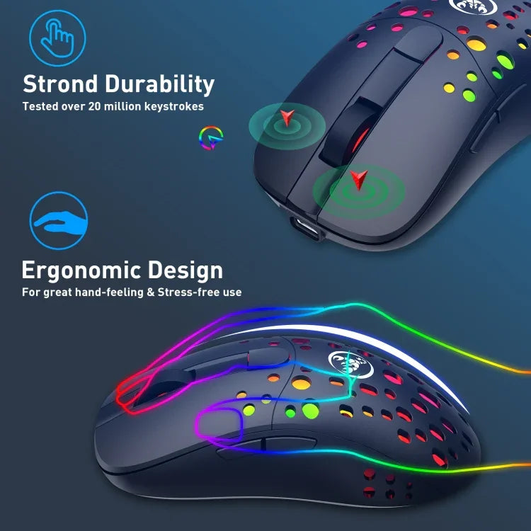 เมาส์สายและไร้สายโหมดคู่ HXSJ T100 10000 DPI RGB กำหนดมาโคร