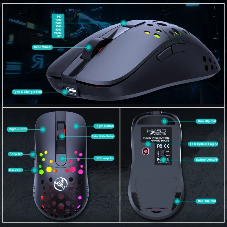 เมาส์สายและไร้สายโหมดคู่ HXSJ T100 10000 DPI RGB กำหนดมาโคร
