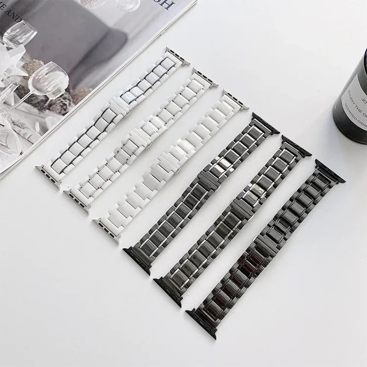สายเปลี่ยนเซรามิกเหล็กห้าลูกปัดสำหรับ Apple Watch Series, 7 45mm / 6 & SE & 5 & 4 44mm / 3 & 2 & 1 42mm, 7 41mm / 6 & SE & 5 & 4 40mm / 3 & 2 & 1 38mm