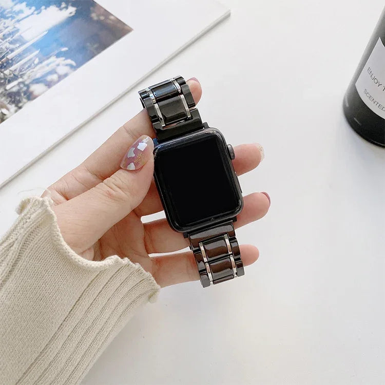 สายเปลี่ยนเซรามิกเหล็กห้าลูกปัดสำหรับ Apple Watch Series, 7 45mm / 6 & SE & 5 & 4 44mm / 3 & 2 & 1 42mm, 7 41mm / 6 & SE & 5 & 4 40mm / 3 & 2 & 1 38mm