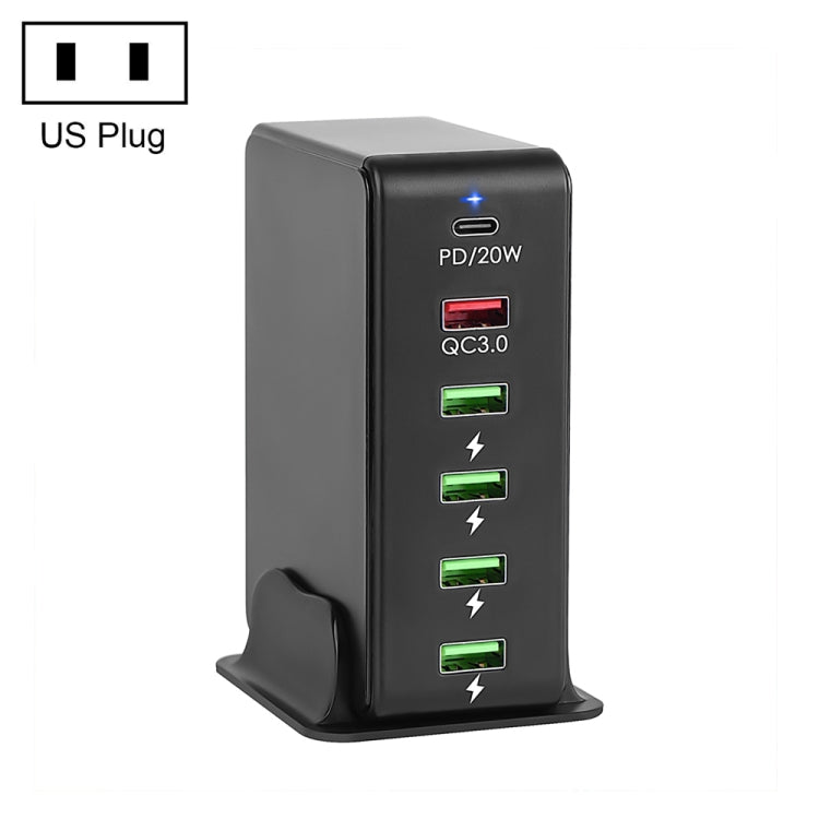 ที่ชาร์จเดินทาง 6 in 1 65W PD USB-C / Type-C + QC 3.0 USB + 4 พอร์ต USB, ปลั๊ก US, ปลั๊ก EU, ปลั๊ก UK, ปลั๊ก AU