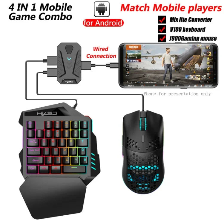 ชุดคีย์บอร์ดมือเดียว + เมาส์เกมมิ่งโปรแกรมได้ + แปลงคีย์บอร์ดเมาส์ HXSJ V100+A883+P8, V100+J900+P8