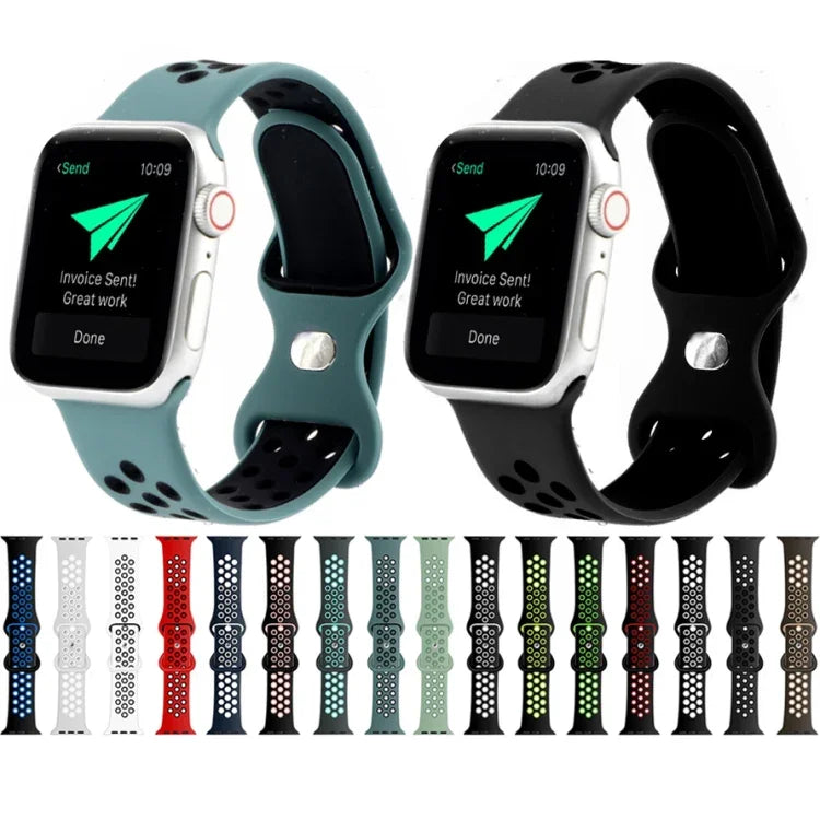 สายซิลิโคนเปลี่ยนแบบหัวเข็มขัดผีเสื้อสองสี สำหรับ Apple Watch Series, 7 41mm / 6 & SE & 5 & 4 40mm / 3 & 2 & 1 38mm, 7 45mm / 6 & SE & 5 & 4 44mm / 3 & 2 & 1 42mm