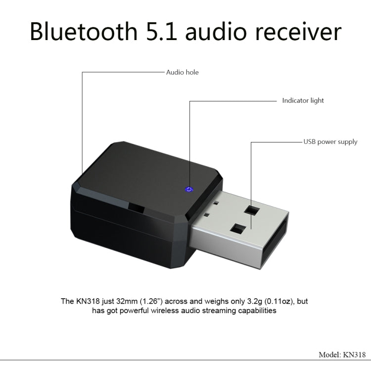 KN318 อะแดปเตอร์บลูทูธ 5.1 USB รับสัญญาณเสียง, KN318