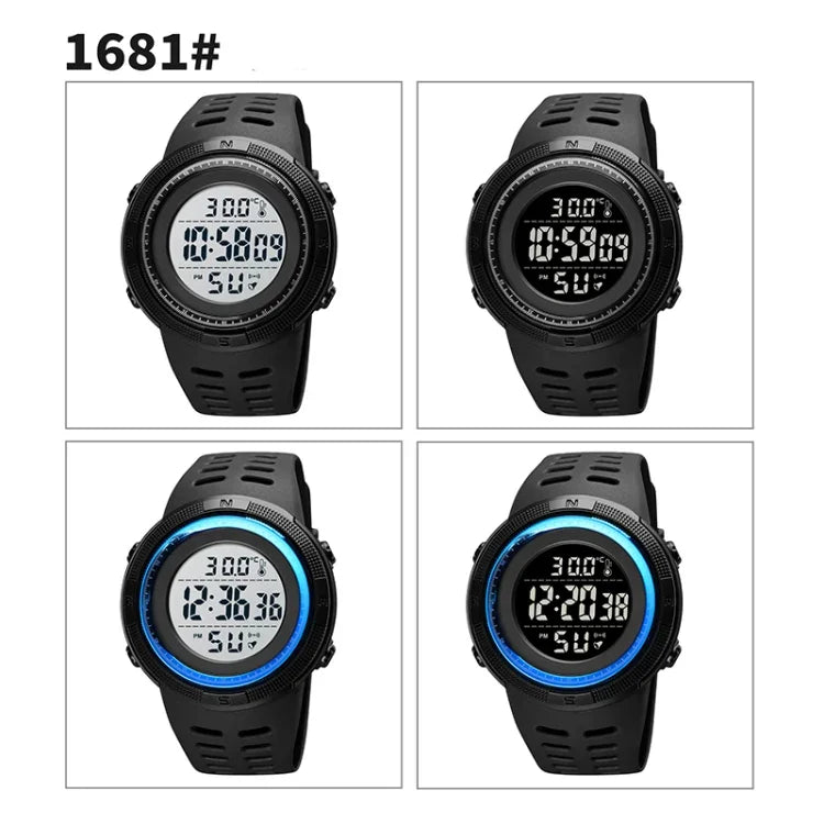 นาฬิกาอิเล็กทรอนิกส์ SKMEI รุ่น 1681 แสดงผลดิจิทัล LED หลายฟังก์ชัน เรืองแสง รองรับการวัดอุณหภูมิร่างกาย/สิ่งแวดล้อม