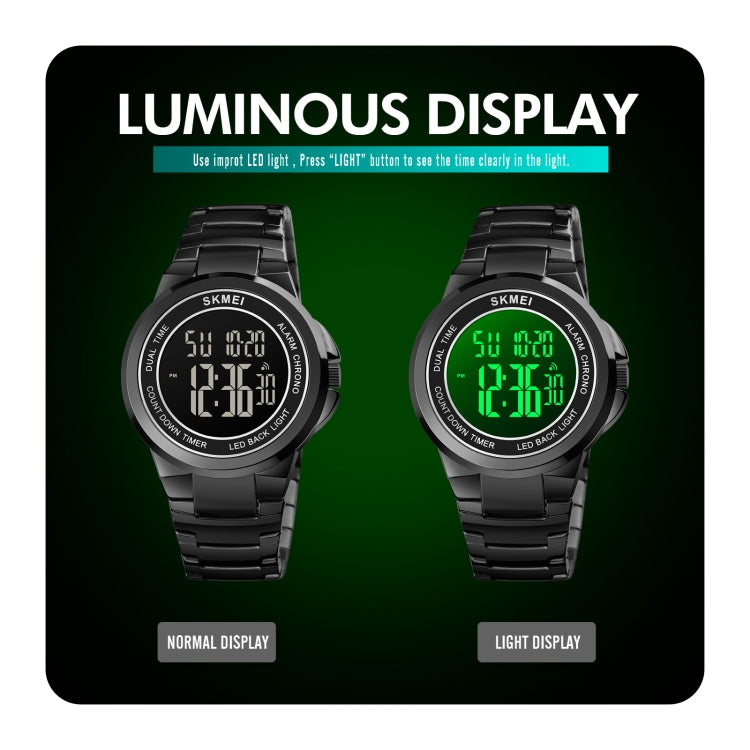 นาฬิกาอิเล็กทรอนิกส์ SKMEI รุ่น 1712 แสดงผลดิจิทัล LED สองระบบ สายสแตนเลสเรืองแสง