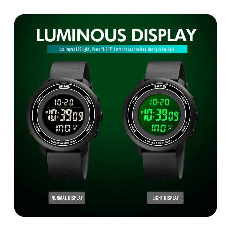SKMEI 1736 นาฬิกาอิเล็กทรอนิกส์ดิจิทัล LED หน้าปัดกลมสามชั้นเรืองแสง