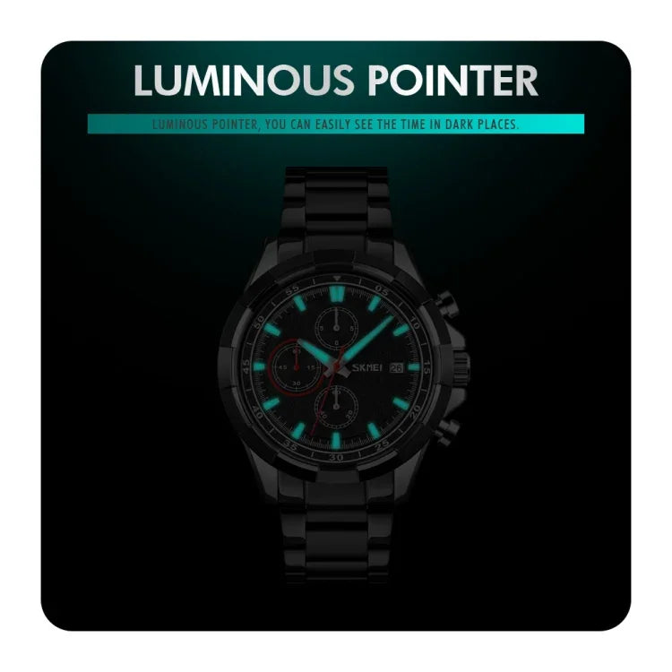 SKMEI 9192 Men Calendar Timing Stainless Steel Belt Luminous Quartz Watch