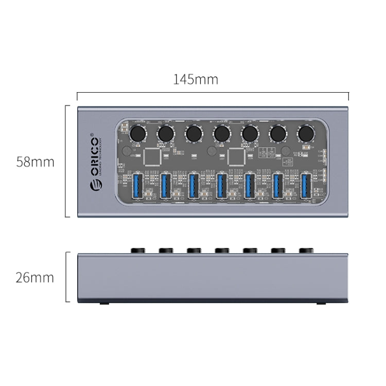 ORICO AT2U3-7AB-GY-BP ฮับ USB หลายพอร์ต 7 ใน 1 อะลูมิเนียมอัลลอยพร้อมสวิตช์แยกแต่ละพอร์ต,, ปลั๊ก EU, ปลั๊ก UK, ปลั๊ก AU