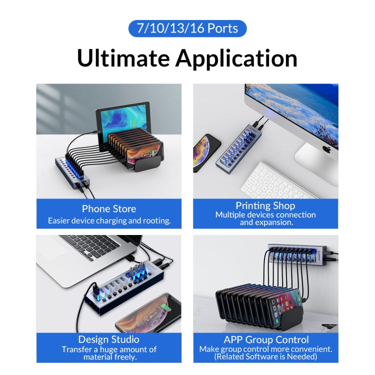 ORICO AT2U3-7AB-GY-BP ฮับ USB หลายพอร์ต 7 ใน 1 อะลูมิเนียมอัลลอยพร้อมสวิตช์แยกแต่ละพอร์ต,, ปลั๊ก EU, ปลั๊ก UK, ปลั๊ก AU