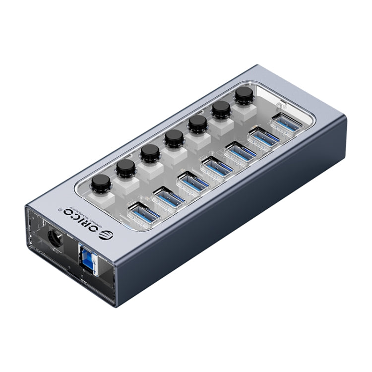 ORICO AT2U3-7AB-GY-BP ฮับ USB หลายพอร์ต 7 ใน 1 อะลูมิเนียมอัลลอยพร้อมสวิตช์แยกแต่ละพอร์ต,, ปลั๊ก EU, ปลั๊ก UK, ปลั๊ก AU