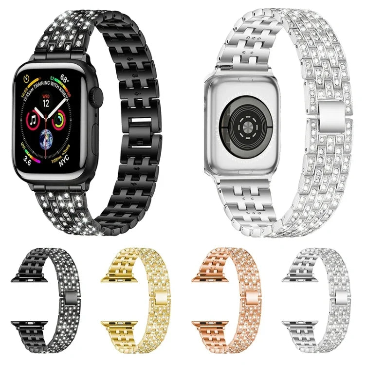 สายรัดนาฬิกาเหล็กประดับเพชรห้าลูกสำหรับ Apple Watch Series, 7 41mm / 6 & SE & 5 & 4 40mm / 3 & 2 & 1 38mm, 7 45mm / 6 & SE & 5 & 4 44mm / 3 & 2 & 1 42mm