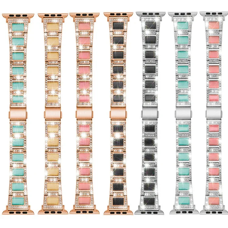 สายรัดนาฬิกาแบบเพชรสามเม็ด + อัญมณีสำหรับ Apple Watch Series, 7 41mm / 6 & SE & 5 & 4 40mm / 3 & 2 & 1 38mm, 7 45mm / 6 & SE & 5 & 4 44mm / 3 & 2 & 1 42mm