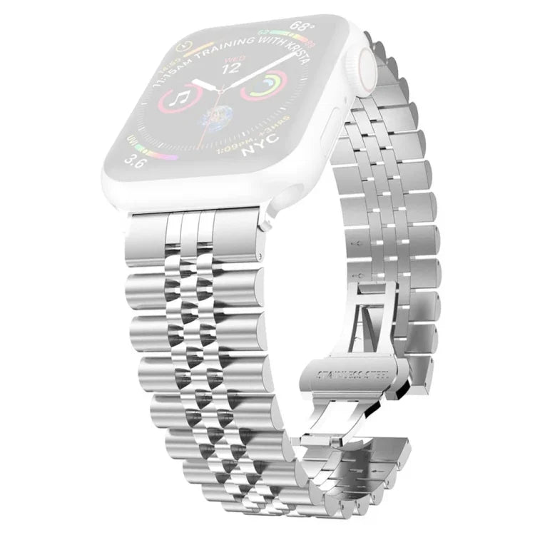 Stainless steel replacement watchband for Apple Watch, stylish adjustable strap compatible with various Apple Watch models.