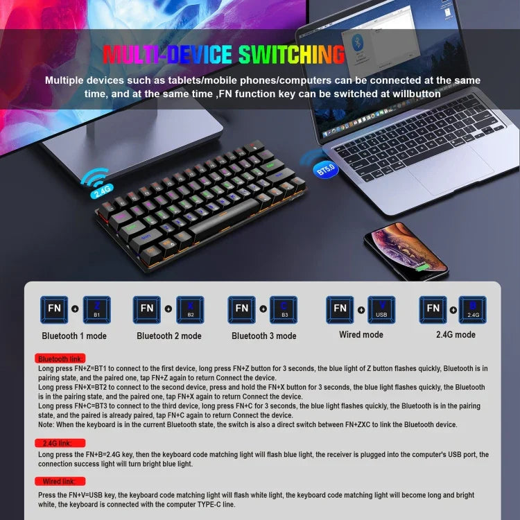 HXSJ L800 61 Keys Bluetooth 5.0 / 2.4G Wireless / Type-C Wired Three Modes Blue Shaft Mechanical Keyboard