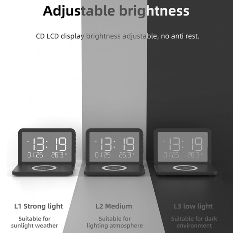 SY-118 ที่ชาร์จไร้สาย 15W แบบพับได้ พร้อมกระจกผิวเงา ปฏิทินตั้งโต๊ะนาฬิกาแบบถาวร พร้อมนาฬิกาปลุกและฟังก์ชันปรับความสว่าง 3 ระดับ, SY-118 สีดำ, SY-118 สีขาว
