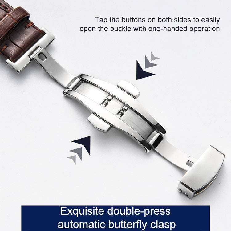 Classic Cowhide Leather Gold Butterfly Buckle Replacement Strap Watchband, 10mm, 12mm, 14mm, 16mm, 18mm, 20mm, 22mm, 24mm
