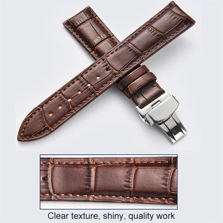 Classic Cowhide Leather Black Butterfly Buckle Replacement Strap Watchband, 10mm, 12mm, 14mm, 16mm, 18mm, 20mm, 22mm, 24mm