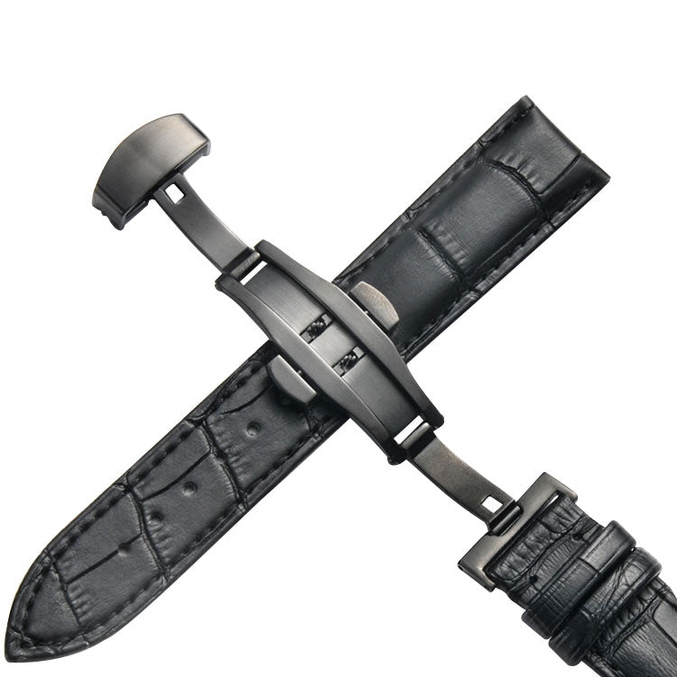 Classic Cowhide Leather Black Butterfly Buckle Replacement Strap Watchband, 10mm, 12mm, 14mm, 16mm, 18mm, 20mm, 22mm, 24mm