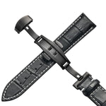 Classic Cowhide Leather Black Butterfly Buckle Replacement Strap Watchband, 10mm, 12mm, 14mm, 16mm, 18mm, 20mm, 22mm, 24mm