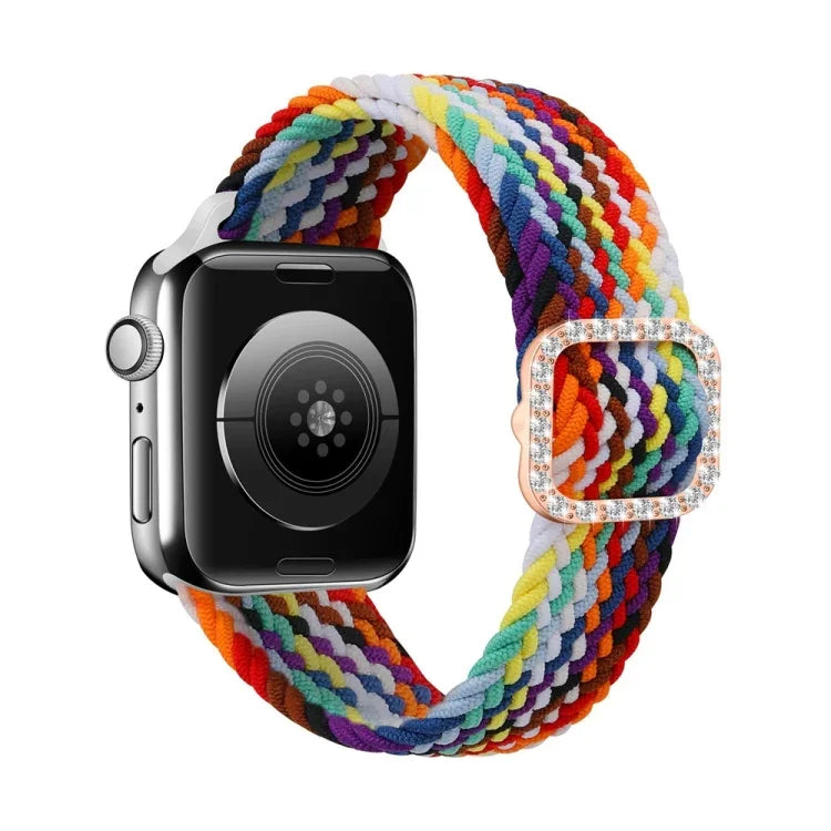 สายรัดนาฬิกาถักไนลอนยืดหยุ่นพร้อมหัวเข็มขัดเพชรปรับได้สำหรับ Apple Watch Series, 7 & 6 & SE & 5 & 4 40mm/3 & 2 & 1 38mm, 7 & 6 & SE & 5 & 4 44mm/3 & 2 & 1 42mm