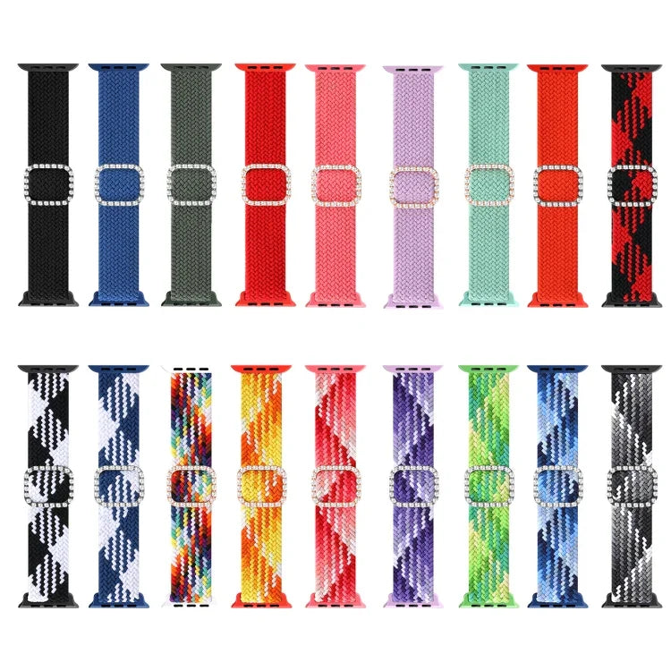 สายรัดนาฬิกาถักไนลอนยืดหยุ่นพร้อมหัวเข็มขัดเพชรปรับได้สำหรับ Apple Watch Series, 7 & 6 & SE & 5 & 4 40mm/3 & 2 & 1 38mm, 7 & 6 & SE & 5 & 4 44mm/3 & 2 & 1 42mm