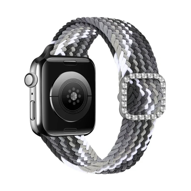 สายรัดนาฬิกาถักไนลอนยืดหยุ่นพร้อมหัวเข็มขัดเพชรปรับได้สำหรับ Apple Watch Series, 7 & 6 & SE & 5 & 4 40mm/3 & 2 & 1 38mm, 7 & 6 & SE & 5 & 4 44mm/3 & 2 & 1 42mm